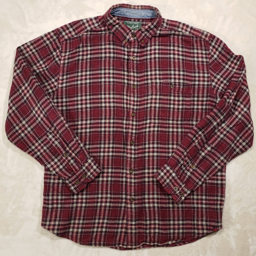 Woolrich Flannel Shirt Mens Large Ruby Red Plaid Cotton Button Down Outdoors